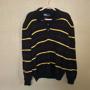 Vintage Lauren Ralph Lauren Sweater Cotton Knit Button Navy Blue Stripe XL